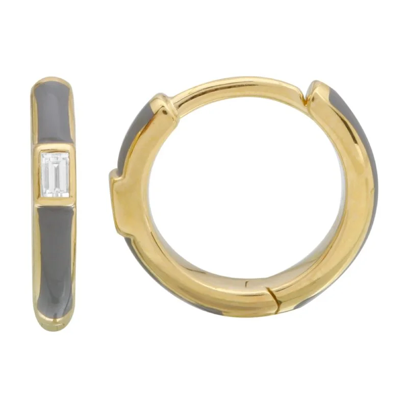 women's earrings with geometric shapes -14k Yellow Gold Grey Enamel & Diamond Huggie Earrings