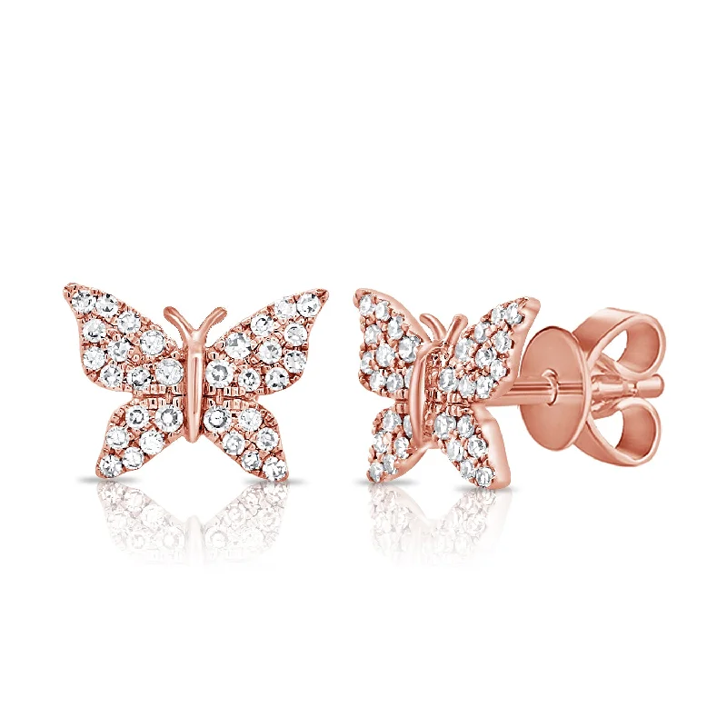 women's earrings with linear drop -14K Rose Gold Diamond Pave Butterfly Stud Earrings