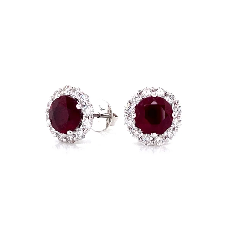 women's earrings with twisted design -18K White Gold Diamond Halo + Ruby Stud Earrings