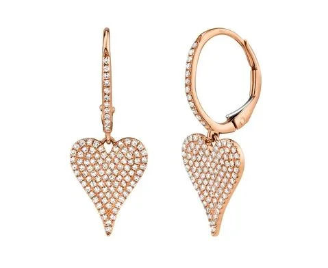 women's earrings with hammered finish -14K Rose Gold Diamond Pave Heart Dangle Earrings