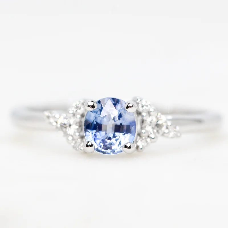 women's engagement rings with double diamond halo -Marley Ring with a 0.60 Carat Round Oval Blue Montana Sapphire and White Accent Diamonds in 14k White Gold - Ready to Size and Ship