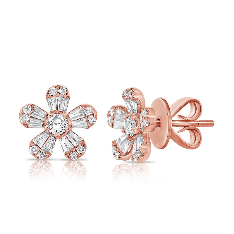 women's earrings with statement look -14K Rose Gold Diamond Flower Earrings