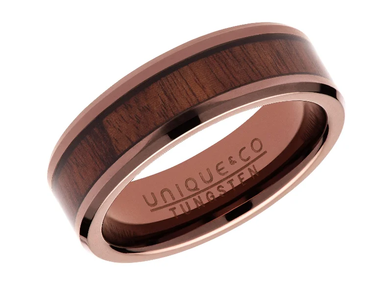 women's rings with engraved inscription -Unique & Co 7mm Tungsten Carbide Ring with Wood and Brown IP Plating