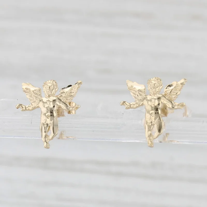 women's earrings with yellow gold finish -Cherub Guardian Angel Stud Earrings 14k Yellow Gold