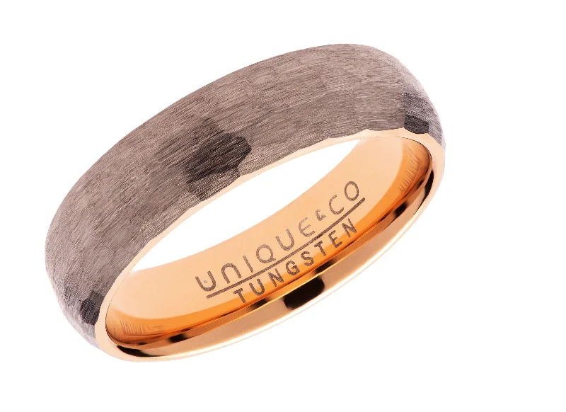 women's rings with split band design -Unique & Co 6mm Hammered Tungsten Carbide Ring with Rose IP Plating