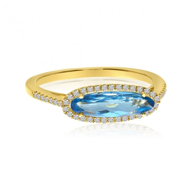 women's engagement rings with shimmering accents -14K Yellow Gold Elongated Oval Blue Topaz and Diamond Semi Precious Fashion Ring RM3969