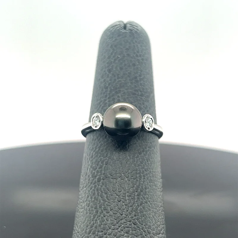 women's engagement rings with vintage-inspired setting -18k White Gold Black South Sea Pearl and Diamond Three Stone Ring