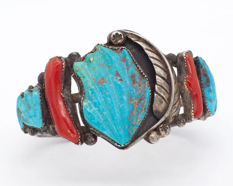 women's bracelets with aquamarine -Navajo Handmade Sterling Silver Turquoise Coral Cuff Bracelet (Hallmark Unknown)