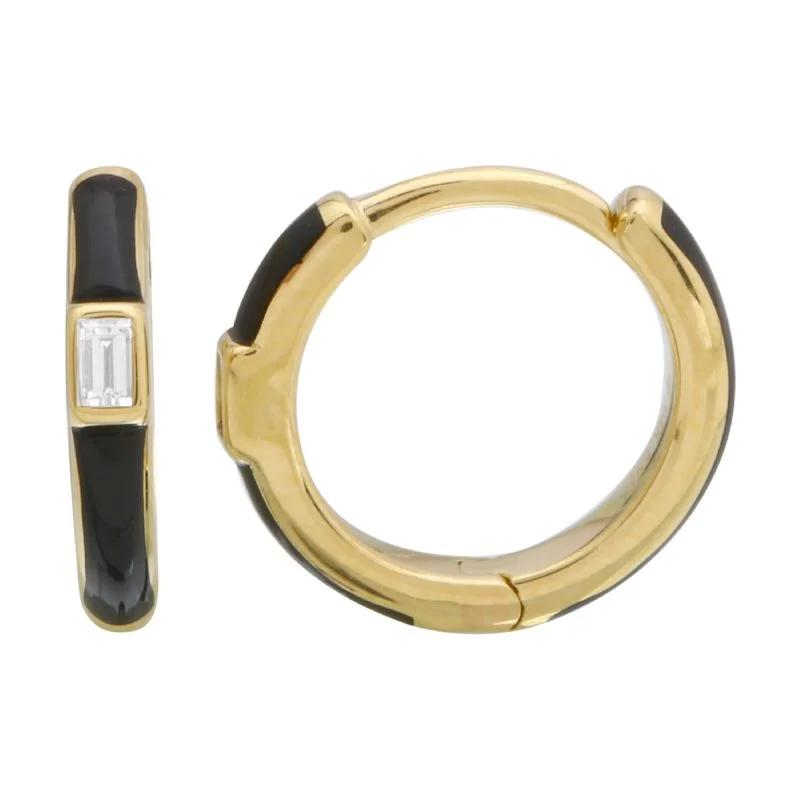 women's earrings with simple design -14k Yellow Gold Black Enamel & Diamond Huggie Earrings