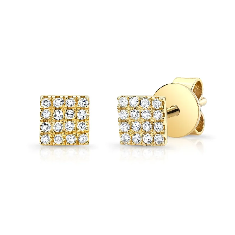 women's earrings with radiant cut -14K Yellow Gold Diamond Pave Mini Square Earrings