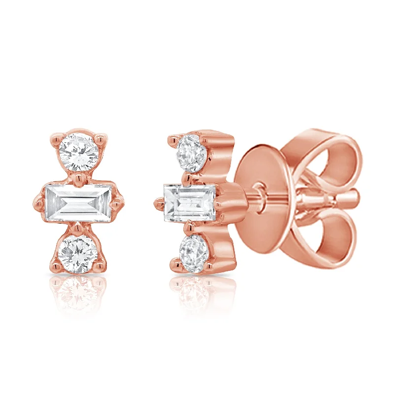 women's earrings with bold patterns -14K Rose Gold Round+Baguette Diamond Stud Earrings