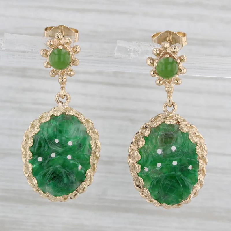 women's earrings with heart and gemstone -Carved Scarab Green Jadeite Nephrite Jade Dangle Earrings 14k Yellow Gold