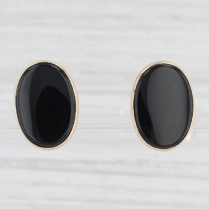 women's earrings with rose gold finish -Oval Onyx Solitaire Stud Earrings 14k Yellow Gold