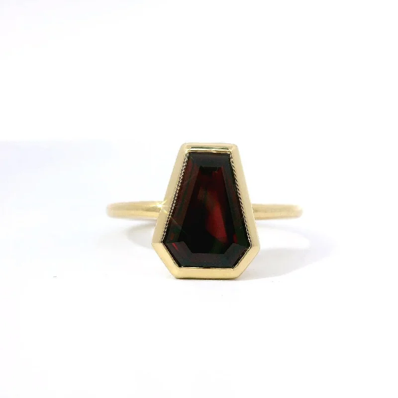 women's rings with faceted gemstone -18K Yellow Gold Bezel-Set Shield-Cut Ruby Ring