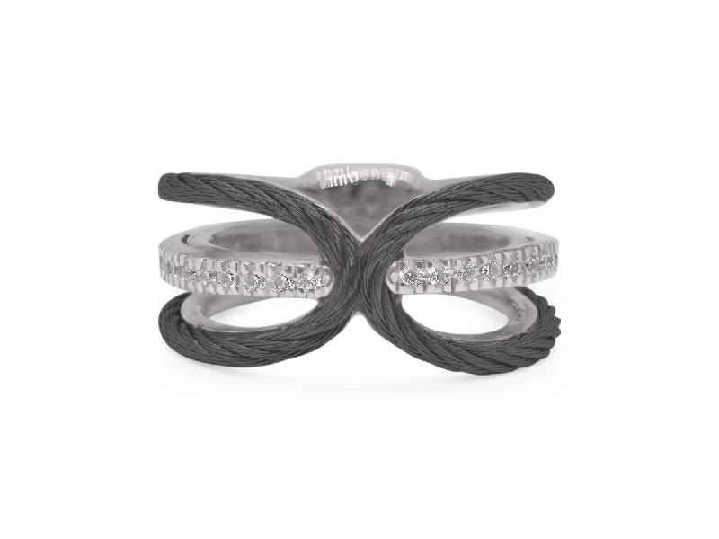 women's engagement rings with bright white diamond -ALOR Black Cable Ring with 18kt Gold & Diamonds