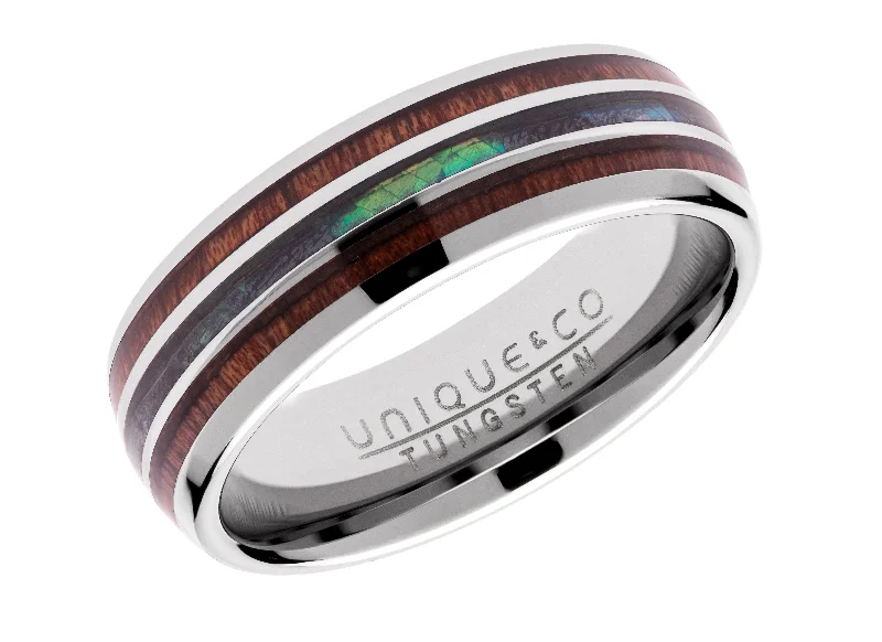 women's rings with large center stone -Unique & Co 7mm Tungsten Carbide Ring with Abalone Shell and Wood