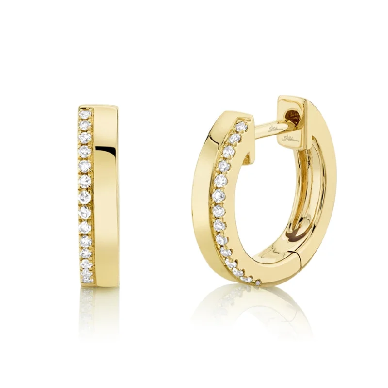 women's earrings with gemstone -14K Yellow  Gold Diamond + High Polished Huggie Earring