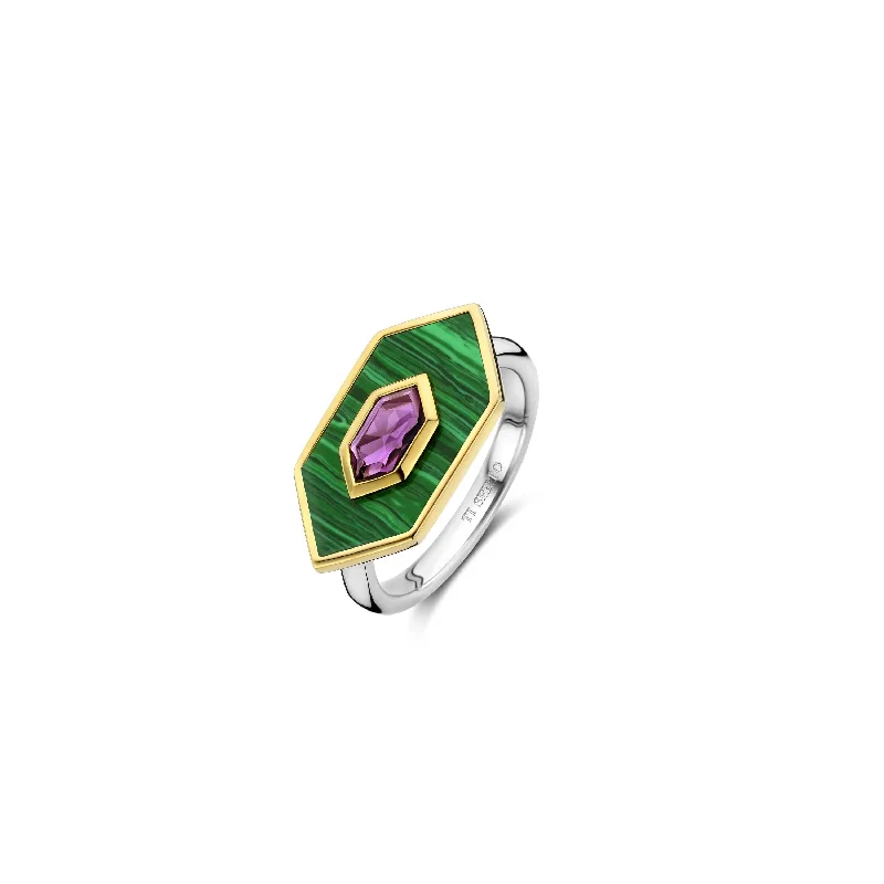 women's rings with faceted gemstone -Ti Sento Gold Vermeil Malachite Green and Amethyst Purple Ring