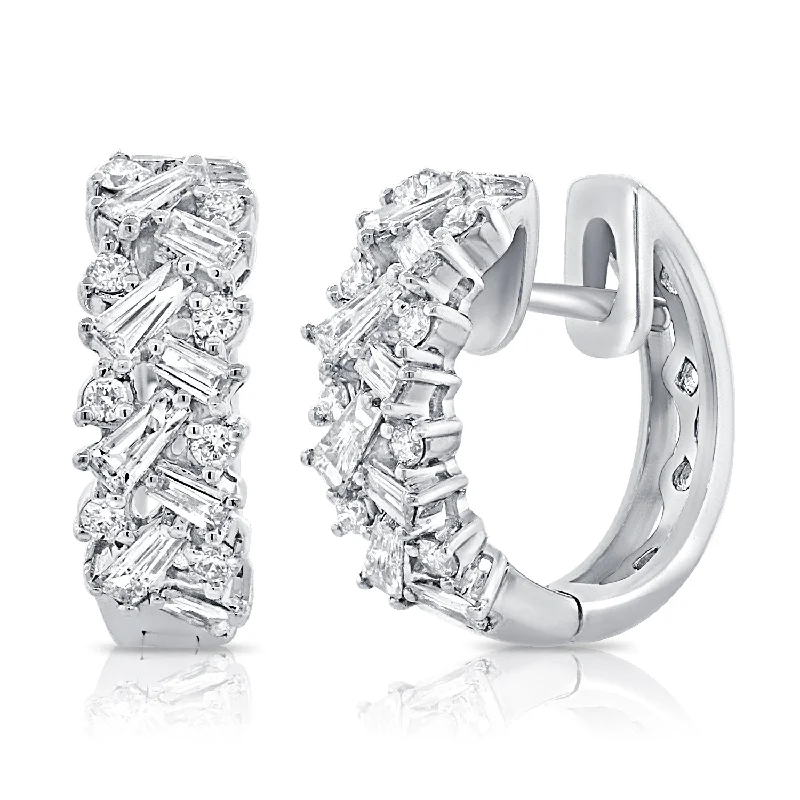 women's earrings with round-cut diamond -14K White Gold Round + Baguettes Diamond Huggies