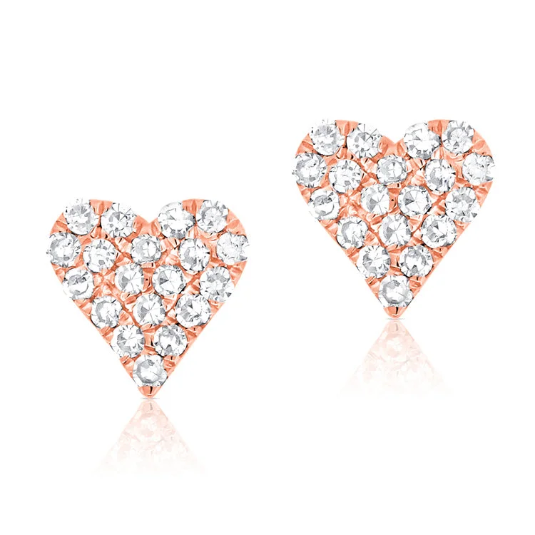 women's earrings with linear drop -14K Rose Gold Diamond Heart Stud Mini Earrings