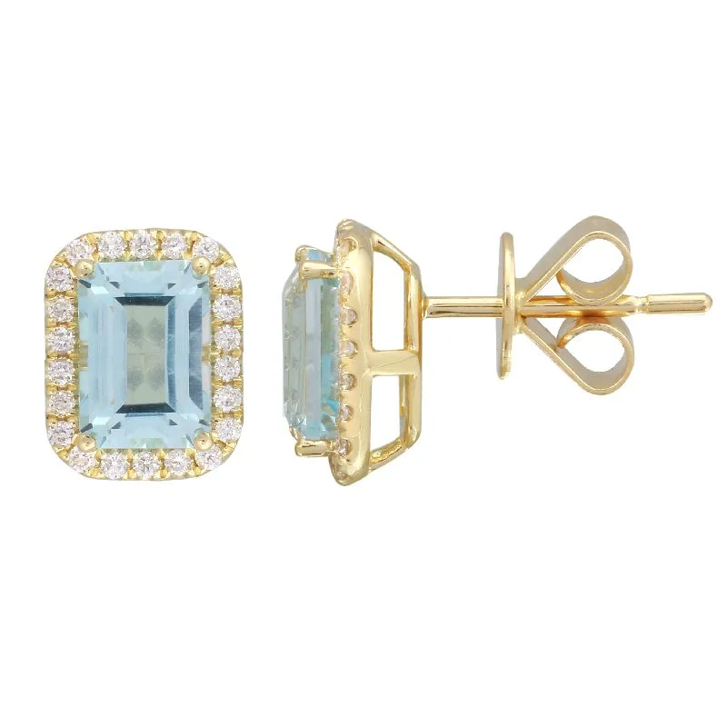 women's earrings with celestial drop -14k Yellow Blue Topaz Emerald Cut & Diamond  Gemstone Earrings