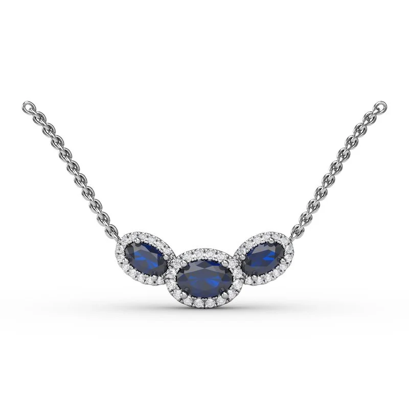 women's necklaces with sparkling accents -FANA Sapphire and Diamond Three-Stone Oval Pendant P1644S