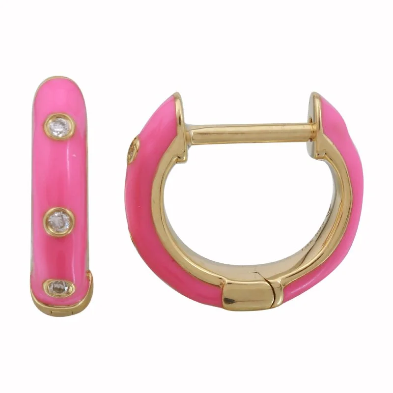 women's earrings with cubic zirconia studs -14k Yellow Gold Fushia Enamel & Diamond Huggie Earrings