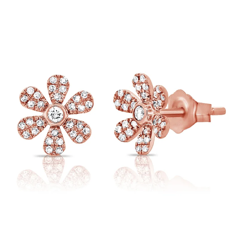 women's earrings with sophisticated touch -14K Rose Gold Diamond Flower Earrings