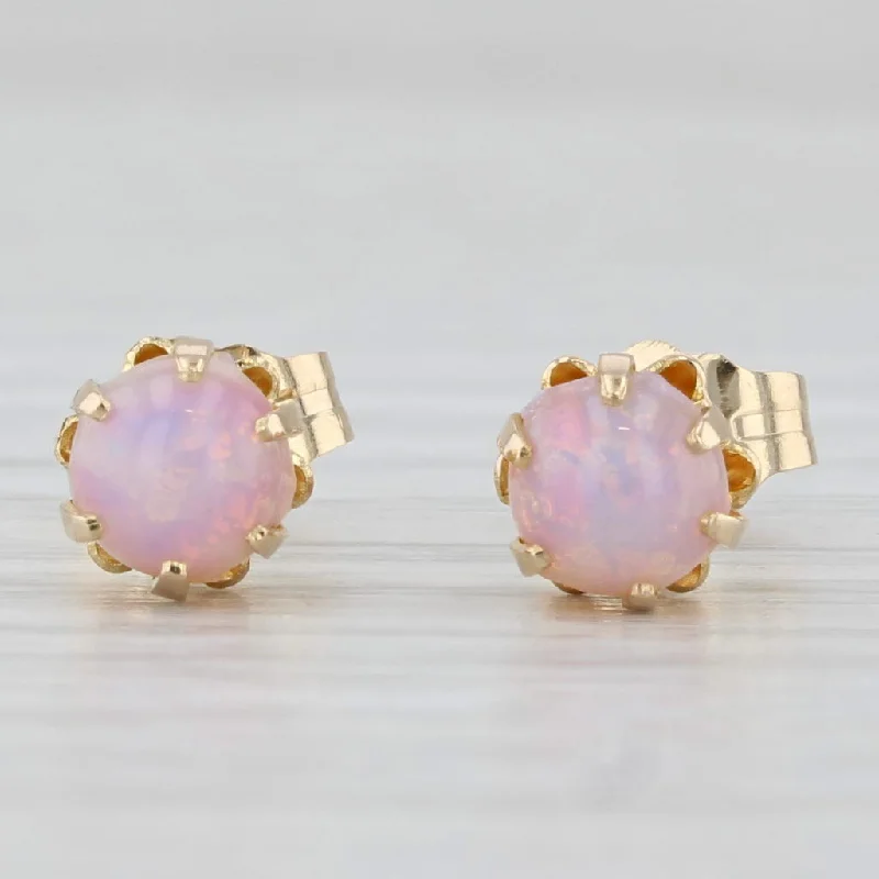 women's earrings with platinum finish -Vintage Pink Glass Cabochons Simulated Opal Stud Earrings 14k Yellow Gold