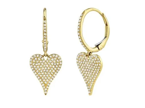 women's earrings with sophisticated touch -14K Yellow Gold Diamond Pave Heart Dangle Earrings