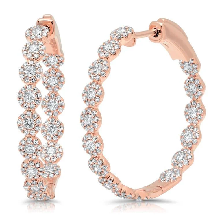 women's earrings with chandelier design -14K Rose Gold Diamond Halo Hoop Earrings