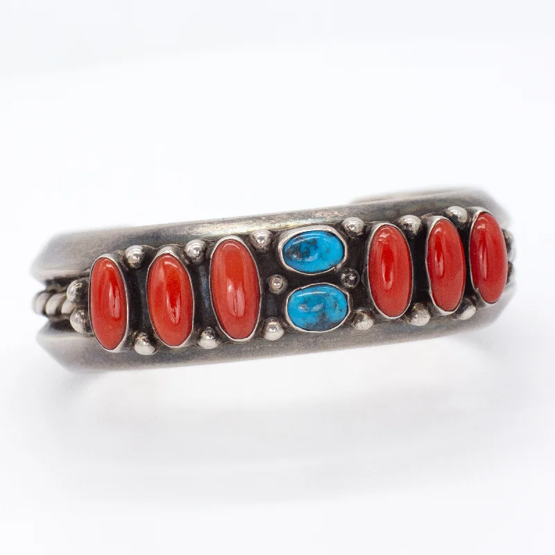 women's bracelets with ruby -Leroy Dayea Navajo Handmade Sterling Silver Turquoise Coral Cuff Bracelet