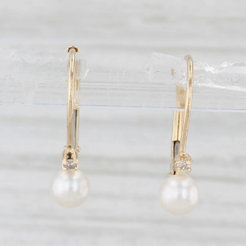 women's earrings with diamond accents -Cultured Pearl Dangle Earrings 14k Yellow Gold Diamond Accents