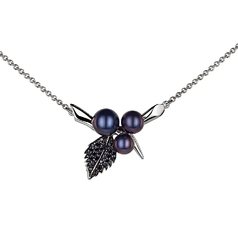 women's necklaces with gemstone -Blackthorn Triple Pearl Leaf Pendant - Silver, Black Spinel & Black Pearl