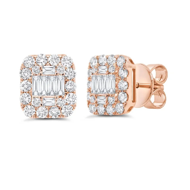 women's earrings with platinum finish -14K Rose Gold Diamond Baguette Cluster Earrings