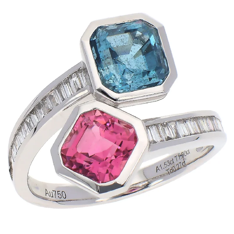 women's engagement rings with bezel setting -18K White Gold Santa Maria Aqua, Pink Tourmaline and Diamond Bypass Ring