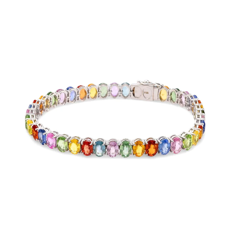 women's bracelets with moonstone charm -Vintage French 25 carat multicolor sapphire 18k white gold tennis bracelet