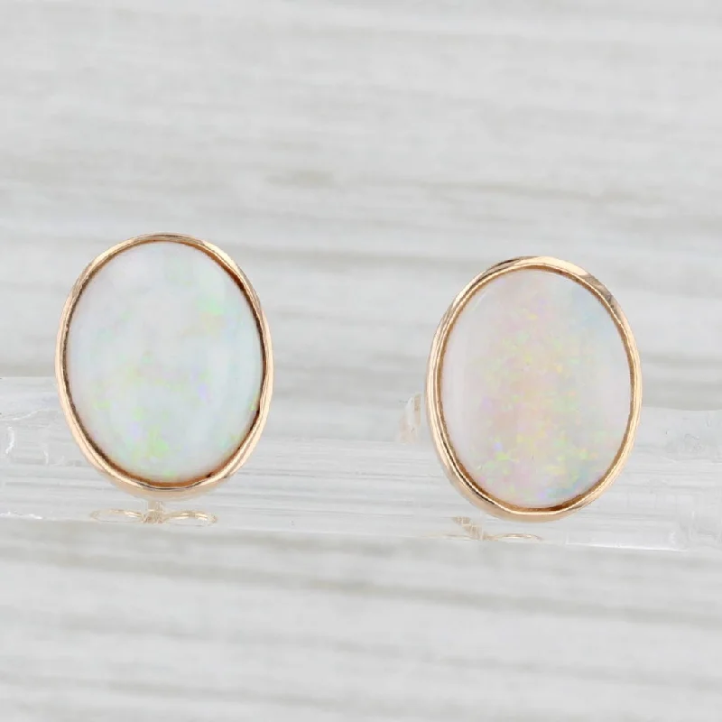 women's earrings diamond -Vintage Oval Cabochon Opal Stud Earrings 14k Yellow Gold