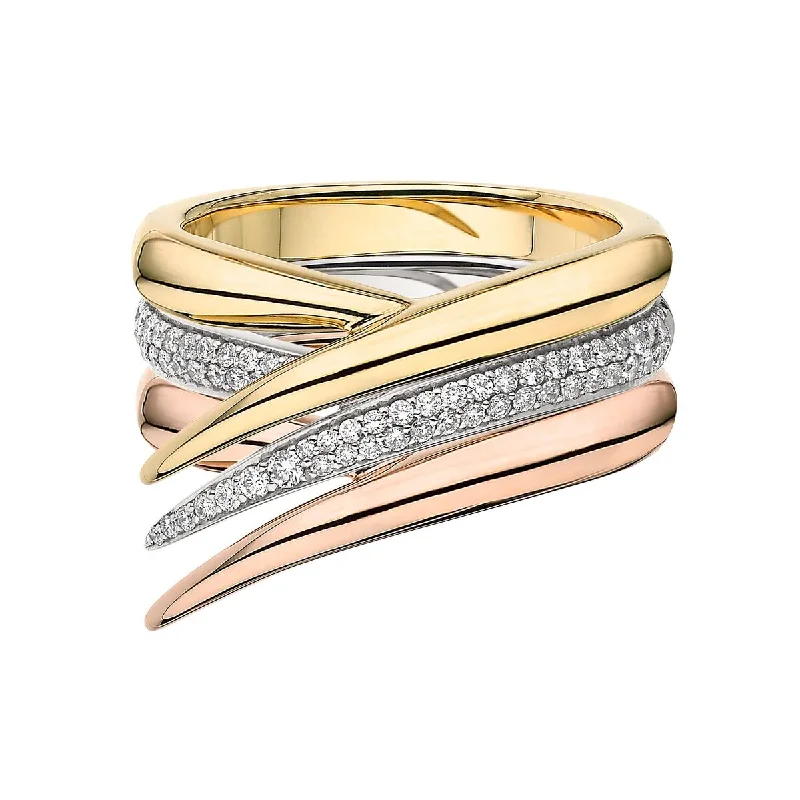 women's engagement rings with diagonal diamond accents -Interlocking Stacked Ring - 18ct Yellow, Rose & White Gold & Diamond