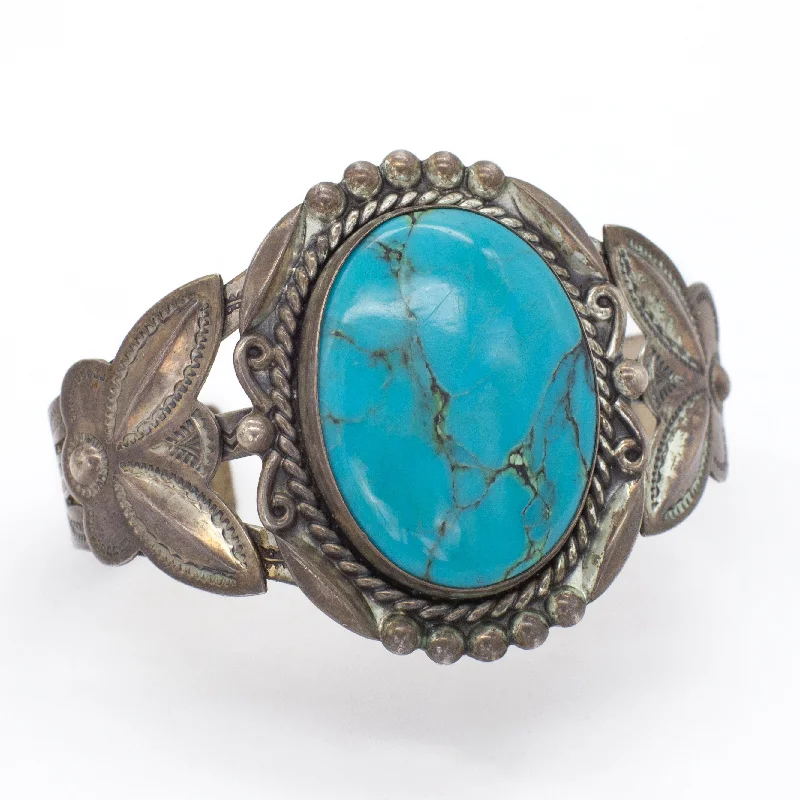 women's bracelets with moonstone charm -Fred Harvey Navajo Handmade Sterling Silver Turquoise Cuff Bracelet