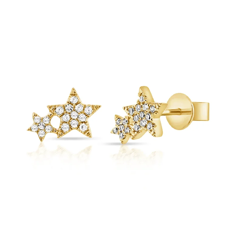 women's earrings with delicate detailing -14K Yellow Gold Diamond Double Star Earrings