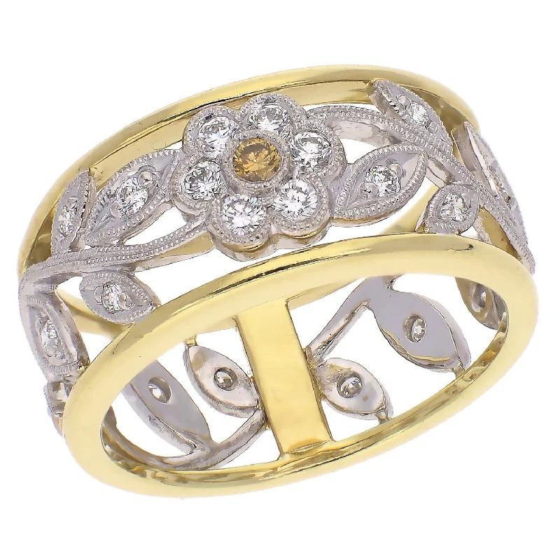 women's engagement rings with diamond accents -Simon G Trellis Two Tone White and Yellow Gold Diamond Wide Band Ring