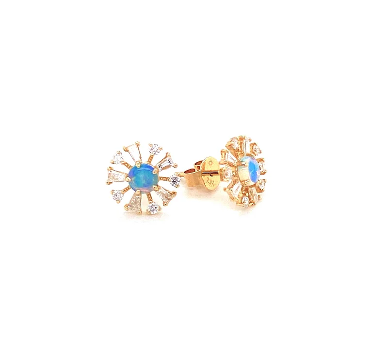 women's earrings with three-stone setting -14K Yellow Gold Diamond +Opal Starburst Earrings