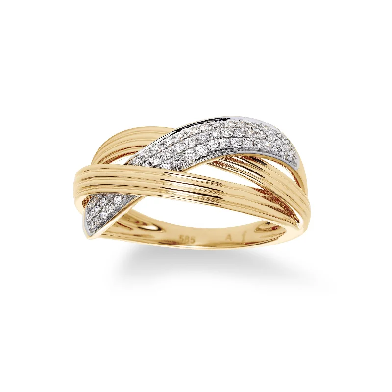 women's engagement rings with diagonal band -Diamond Pave Crossover Ring, 14K Yellow Gold