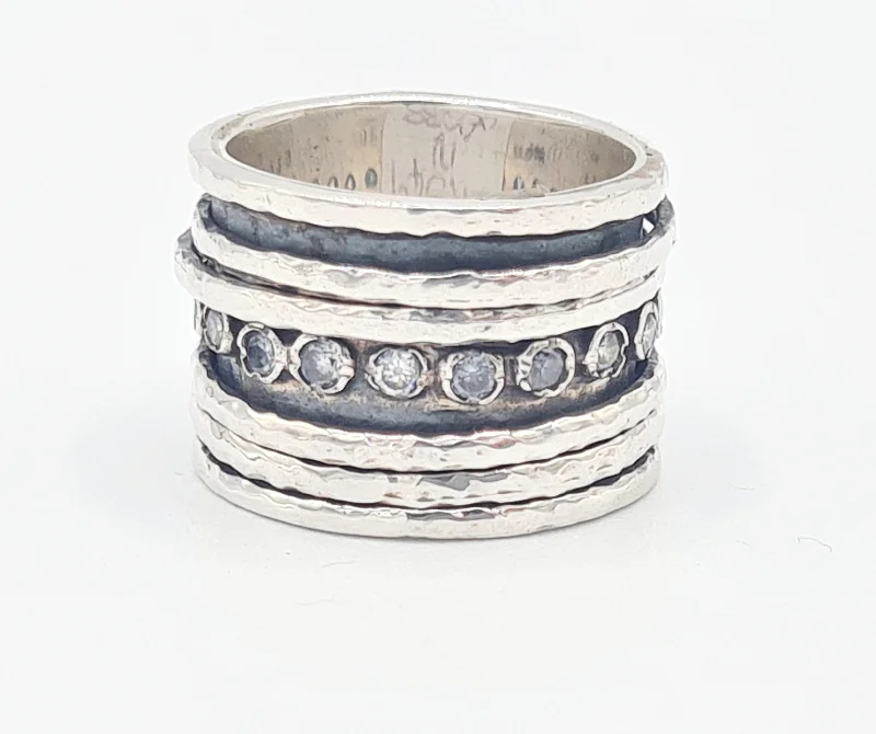 women's rings with luxurious finish -Yaron Morhaim Sterling Silver Cubic Zirconia Hammered Spinning Ring