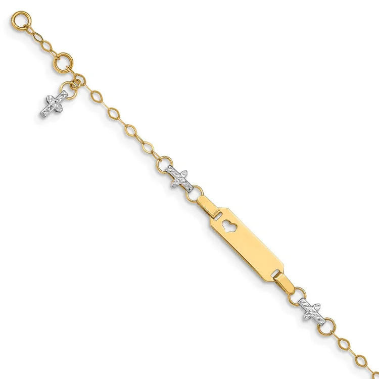 women's bracelets silver -14k Two-tone Baby Polished and Textured Cross w/1in ext. ID Bracelet