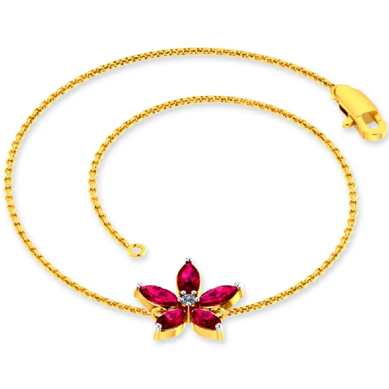 women's bracelets with moonstone charm -Dazzling 14k Gold Bracelet Flower Design Studded With Red Gemstones From Pc Chandra Jewellers