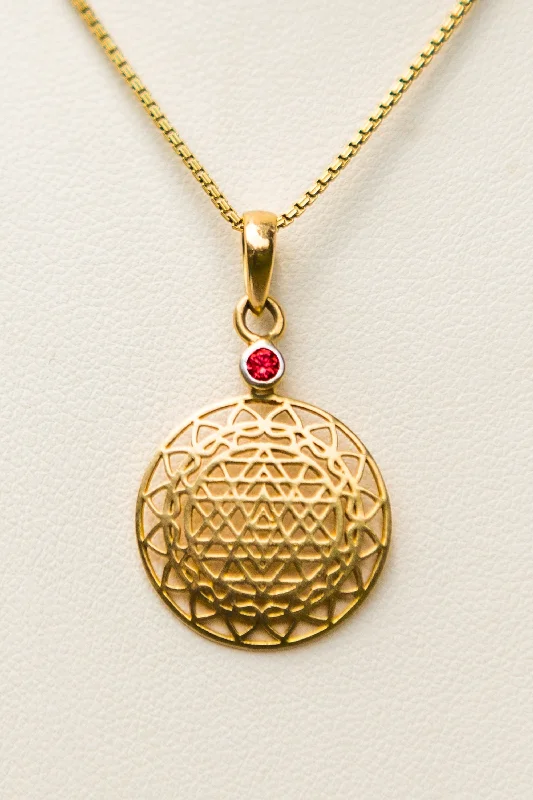 women's necklaces with amethyst -14kt Gold Sri Yantra Pendant Mounted with Ruby on 18kt Gold Chain