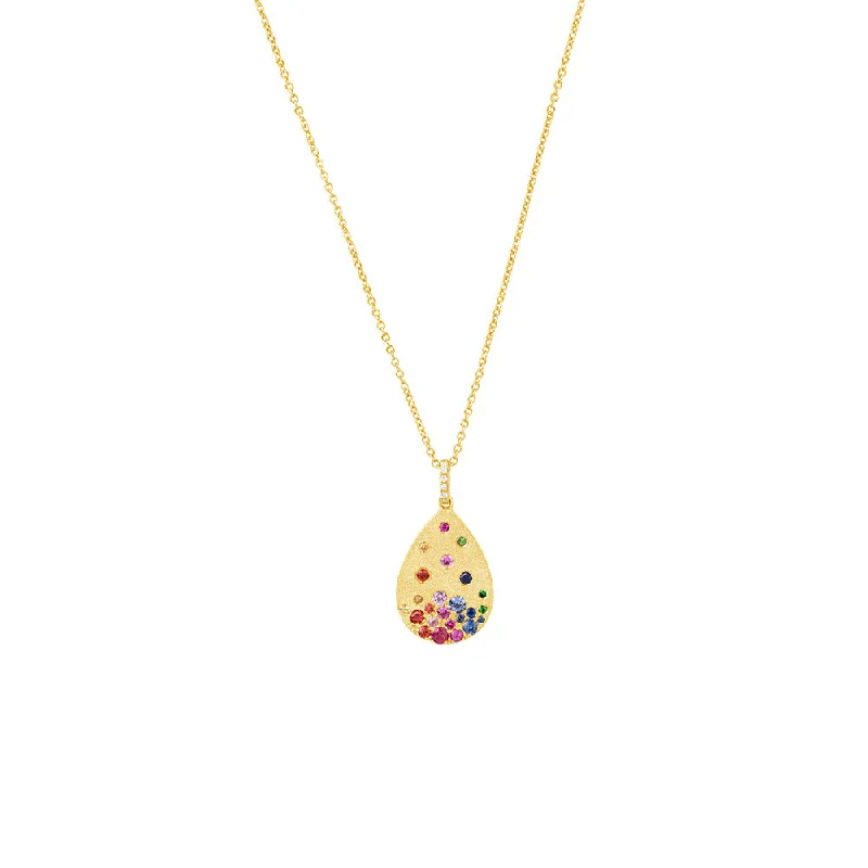 women's necklaces with symbolic pendant -14 Karat Yellow Gold Pear Shape pendant with Multi colored sapphires