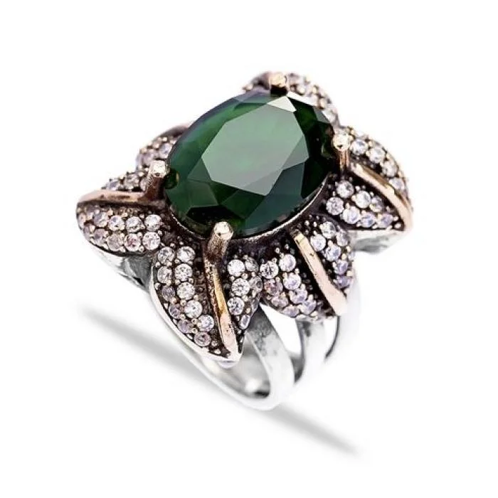 women's rings with beaded detailing -Ottoman Emerald Ring - Sterling Silver